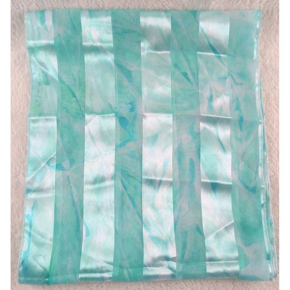 Aqua Teal Striped Satin Sheer‎ Scarf 58"x13" Korea Lightweight Watercolor Print